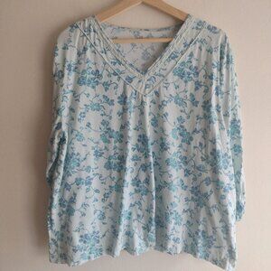 Garnet Hill Green Floral Organic Cotton T Shirt XL Lightweight Loungewear Top